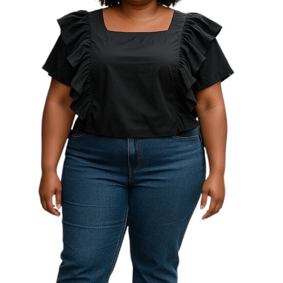 HT 360 Collective Elegant Black Ruffled Open Tie-Back Crop Top 100% Cotton, 2XL - Picture 1 of 11